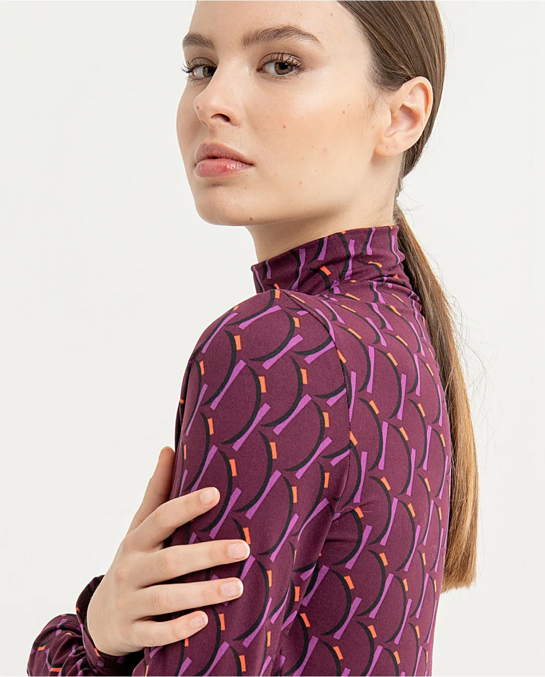 Printed Purple Long Sleeve Polo Neck Top by Surkana