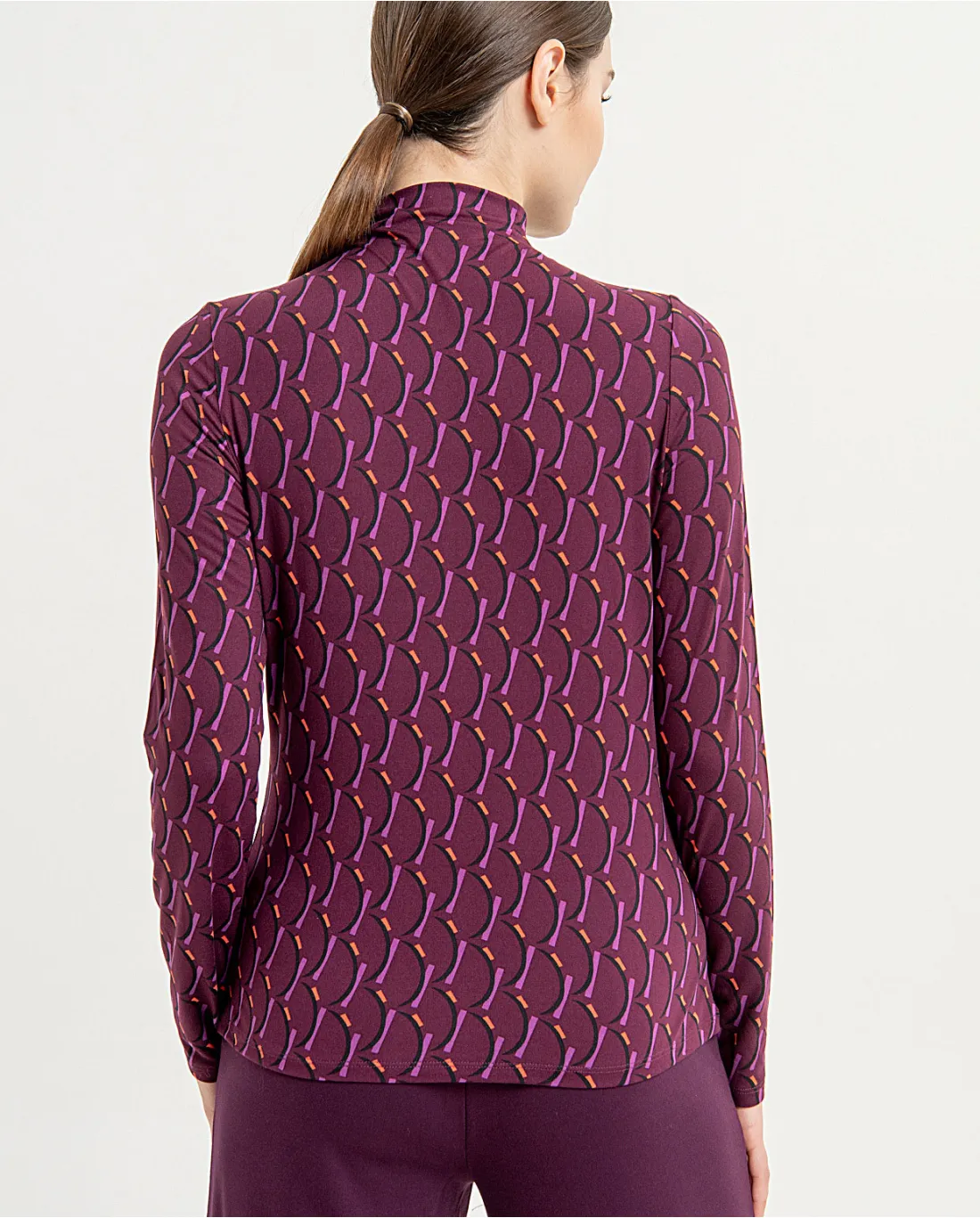 Printed Purple Long Sleeve Polo Neck Top by Surkana