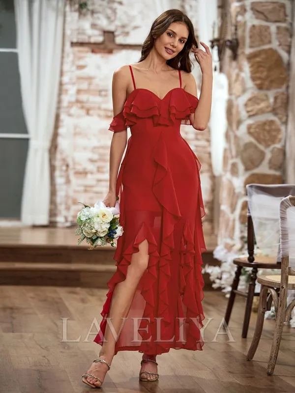 A-line Ruffled Cold Shoulder Chiffon Bridesmaid Dress Ankle-Length - Style #ZB240031