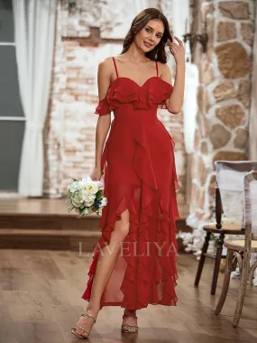 A-line Ruffled Cold Shoulder Chiffon Bridesmaid Dress Ankle-Length - Style #ZB240031