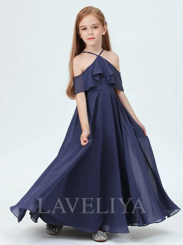 A-line Halter Ruffles Ankle-Length Chiffon Junior Bridesmaid Dress