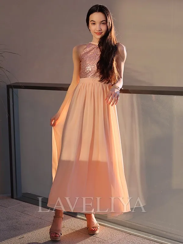 Chiffon Junior Bridesmaid Dress with A-line Design, Scoop Neck, Sequin Embellishments, and Ankle-Length Cut - Style #WHF0096