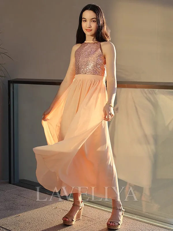 Chiffon Junior Bridesmaid Dress with A-line Design, Scoop Neck, Sequin Embellishments, and Ankle-Length Cut - Style #WHF0096