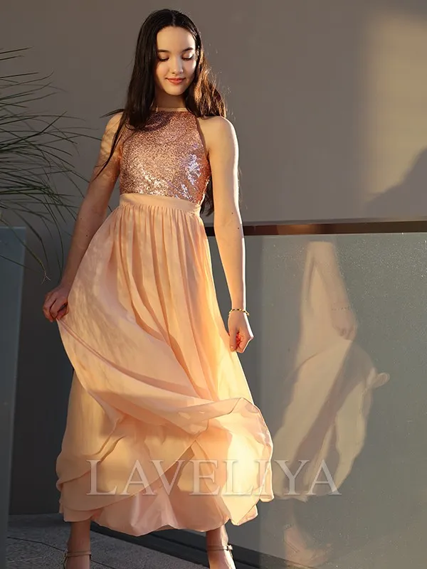 Chiffon Junior Bridesmaid Dress with A-line Design, Scoop Neck, Sequin Embellishments, and Ankle-Length Cut - Style #WHF0096