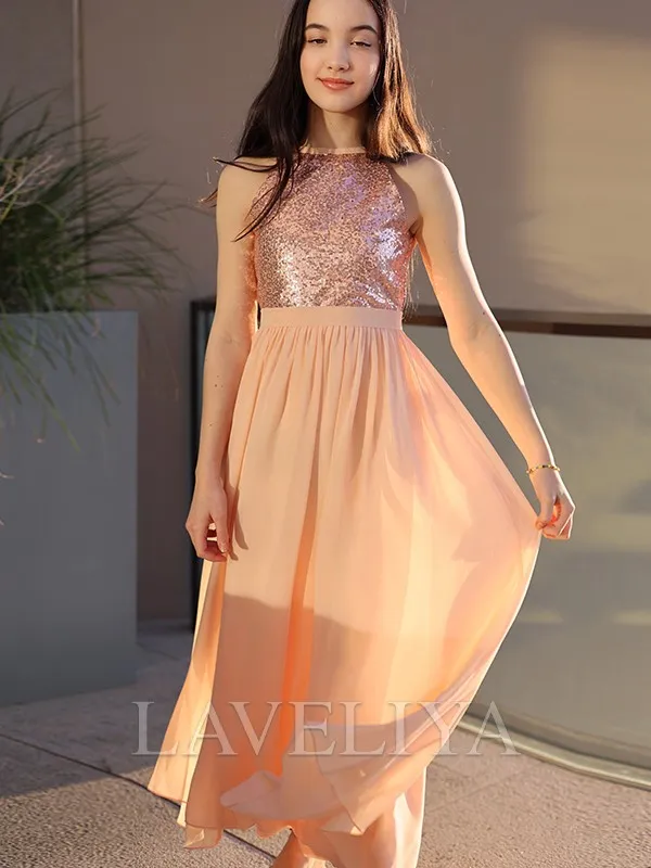 Chiffon Junior Bridesmaid Dress with A-line Design, Scoop Neck, Sequin Embellishments, and Ankle-Length Cut - Style #WHF0096