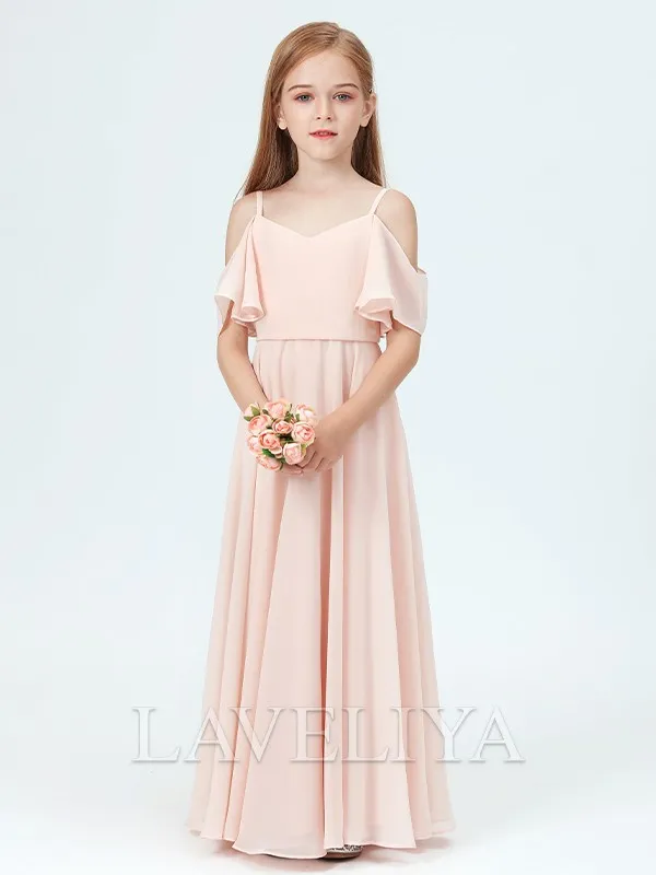 Chiffon Junior Bridesmaid Dress with A-line Straps and Ruffles, Ankle-Length - Style #HQF0081