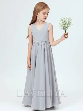 Junior Bridesmaid Dress with V-neck, Ruffles, Ankle-Length Chiffon - Style HQF0091