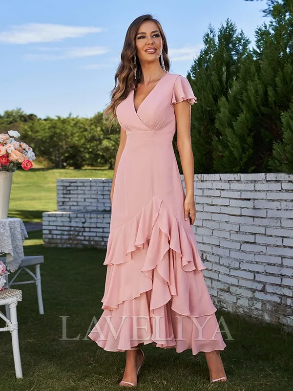 V-neck Chiffon Bridesmaid Dress with Ruffles and Short Sleeves - A-line Ankle-Length #ZB230334