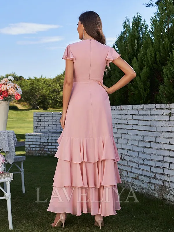 V-neck Chiffon Bridesmaid Dress with Ruffles and Short Sleeves - A-line Ankle-Length #ZB230334