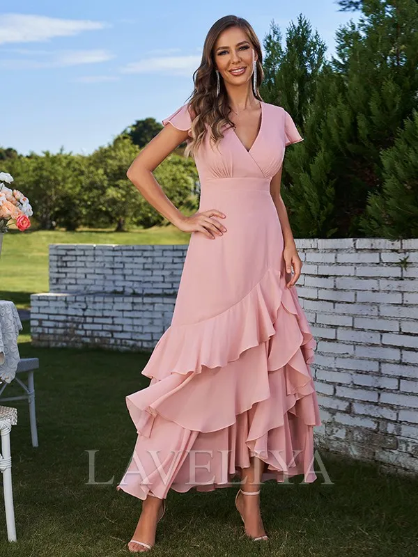 V-neck Chiffon Bridesmaid Dress with Ruffles and Short Sleeves - A-line Ankle-Length #ZB230334