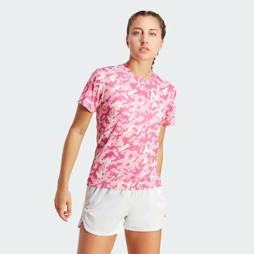 adidas Women's Camo Running T-Shirt - Blue/Pink - Fitness Top