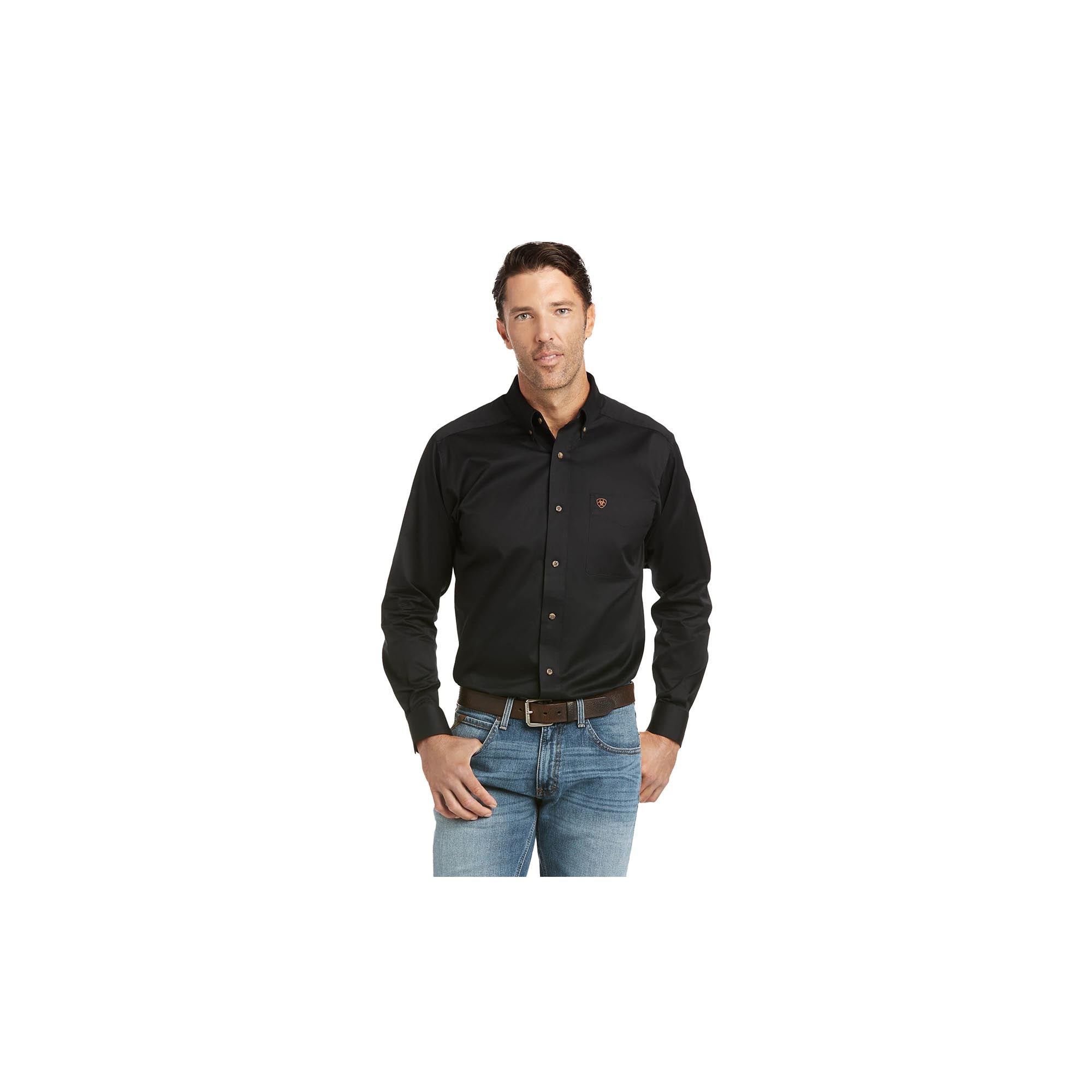 Ariat fitted black twill shirt with long sleeves for casual wear.