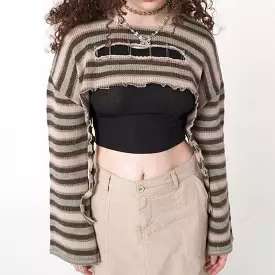 Ashore Shop Vintage Stripe Knitting Crop Top - Grunge 90s Streetwear Aesthetic - Hollow Out Y2K Pullover - Long Sleeve Retro Tee