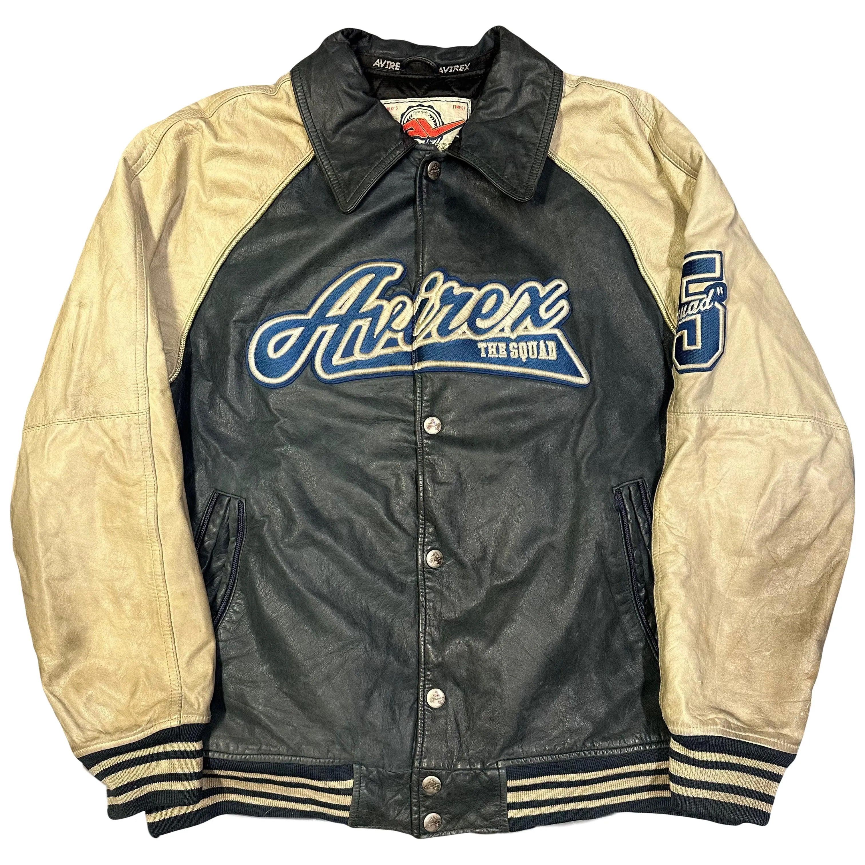 Avirex Spellout Leather Jacket in Navy & Cream - Size XL