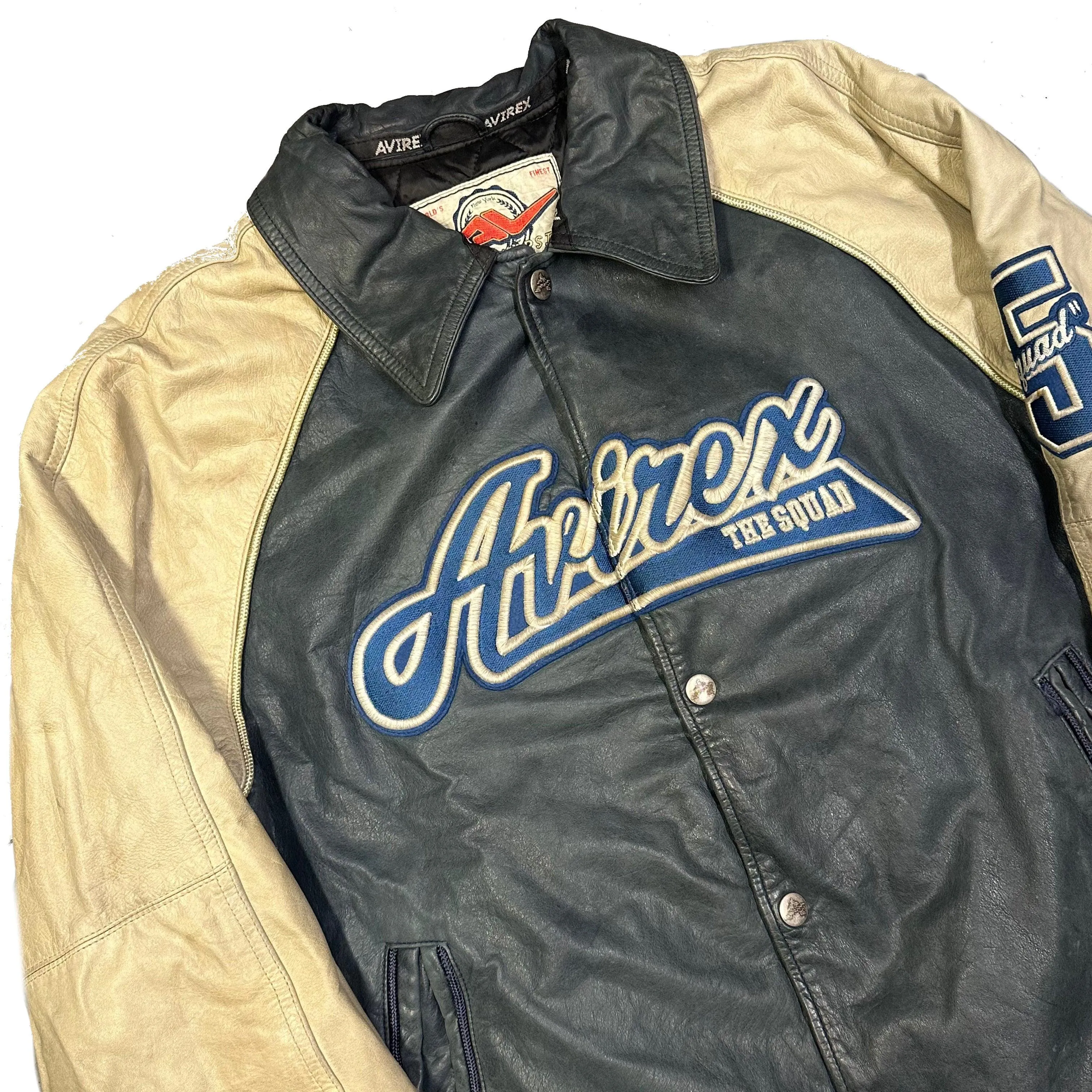 Avirex Spellout Leather Jacket in Navy & Cream - Size XL