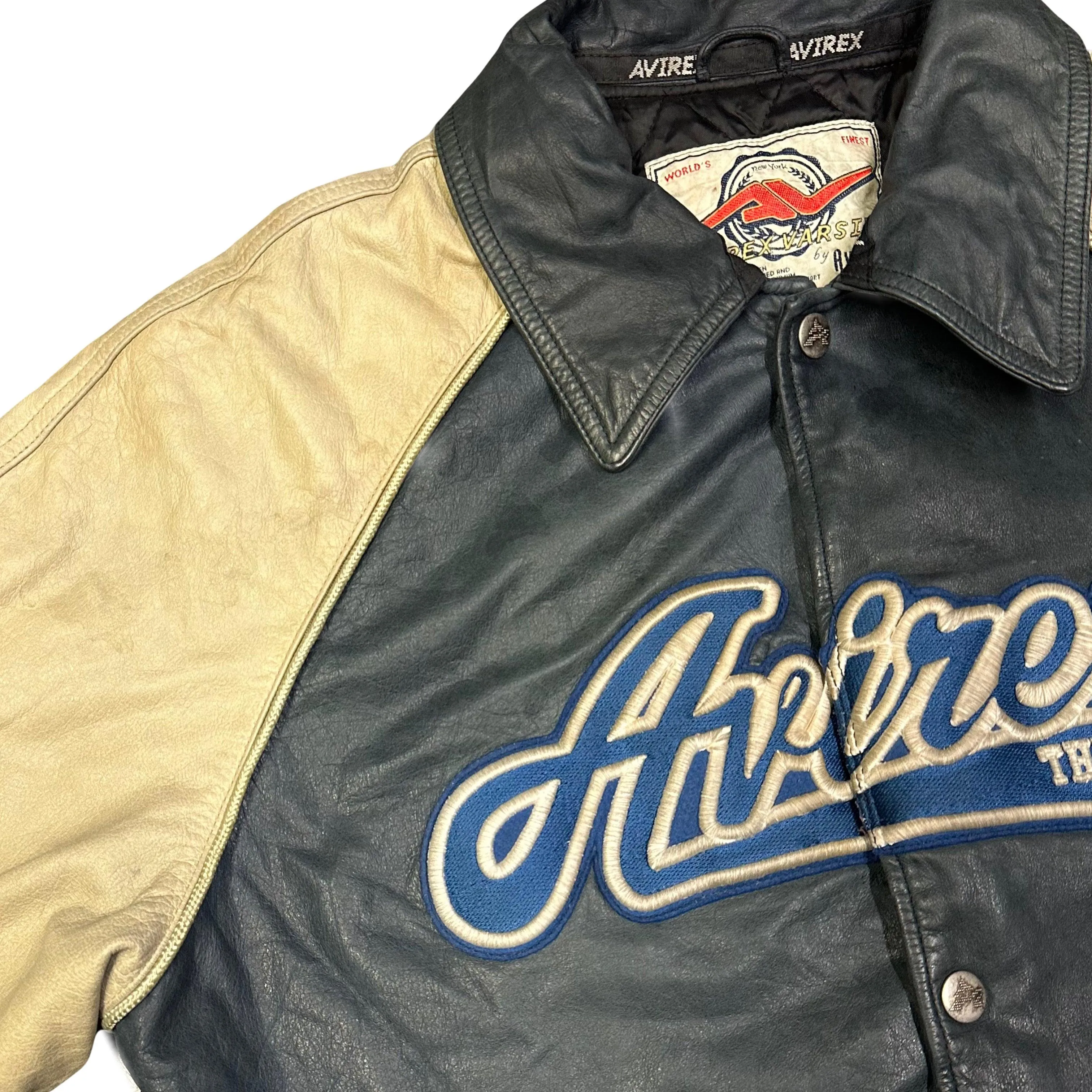 Avirex Spellout Leather Jacket in Navy & Cream - Size XL