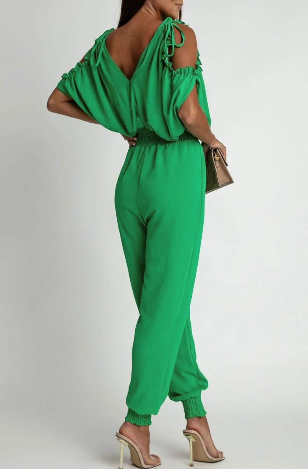 Green Cold Shoulder Jumpsuit by Azeila