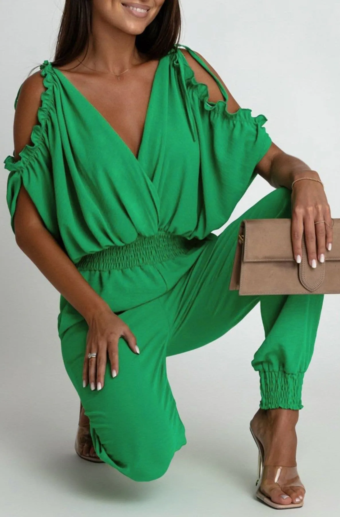 Green Cold Shoulder Jumpsuit by Azeila