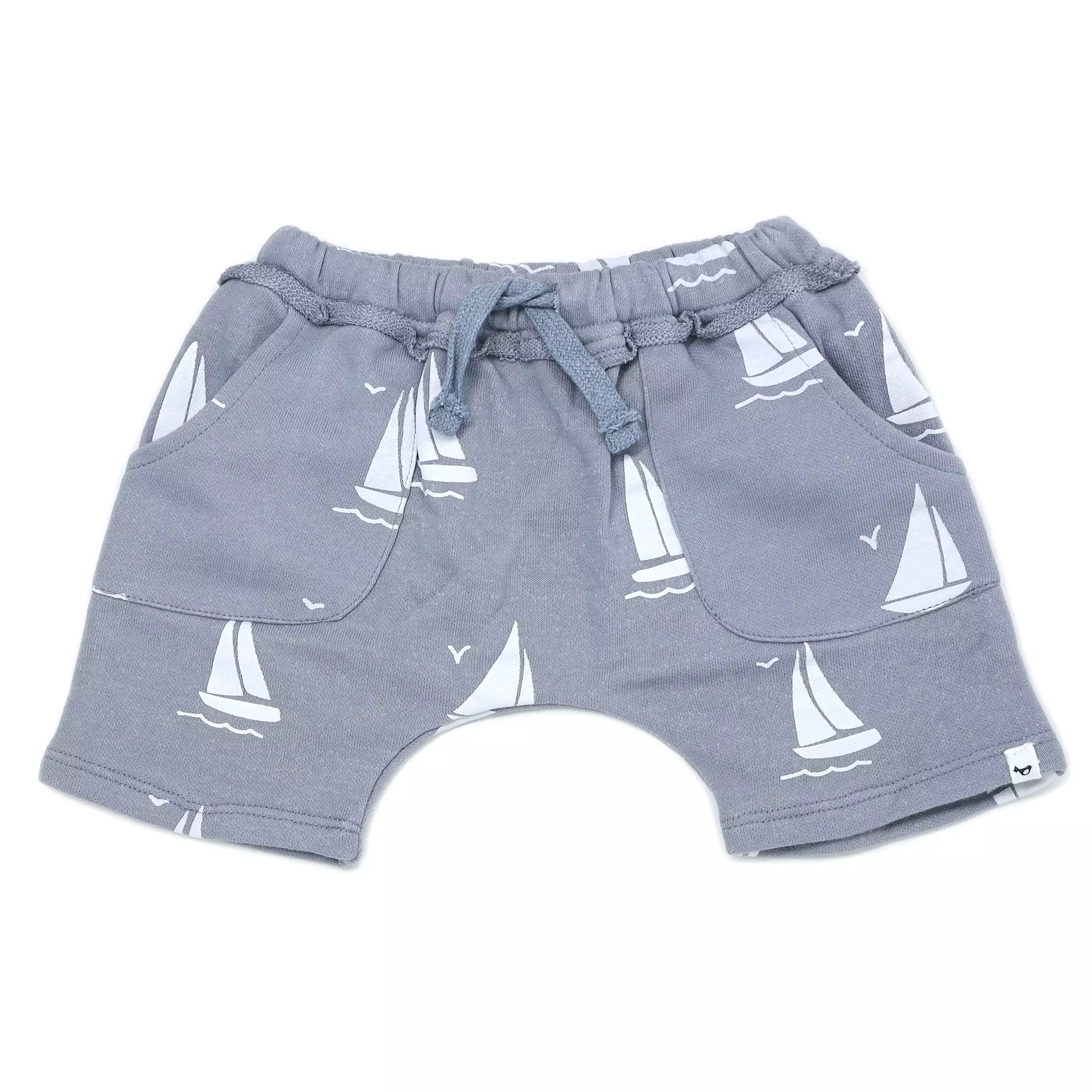 Baby cotton French Terry pocket shorts - sailboat print - fog.