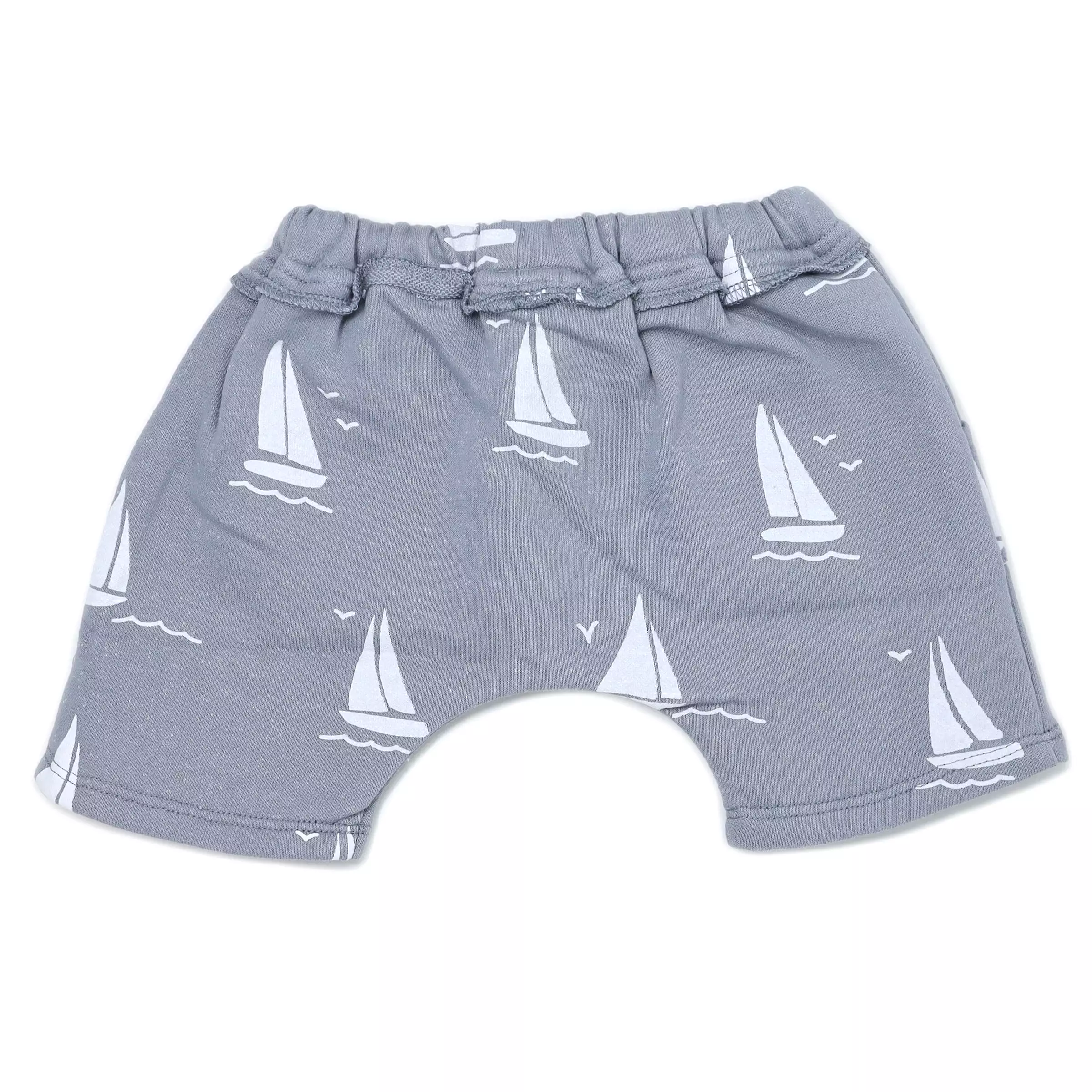 Baby cotton French Terry pocket shorts - sailboat print - fog.