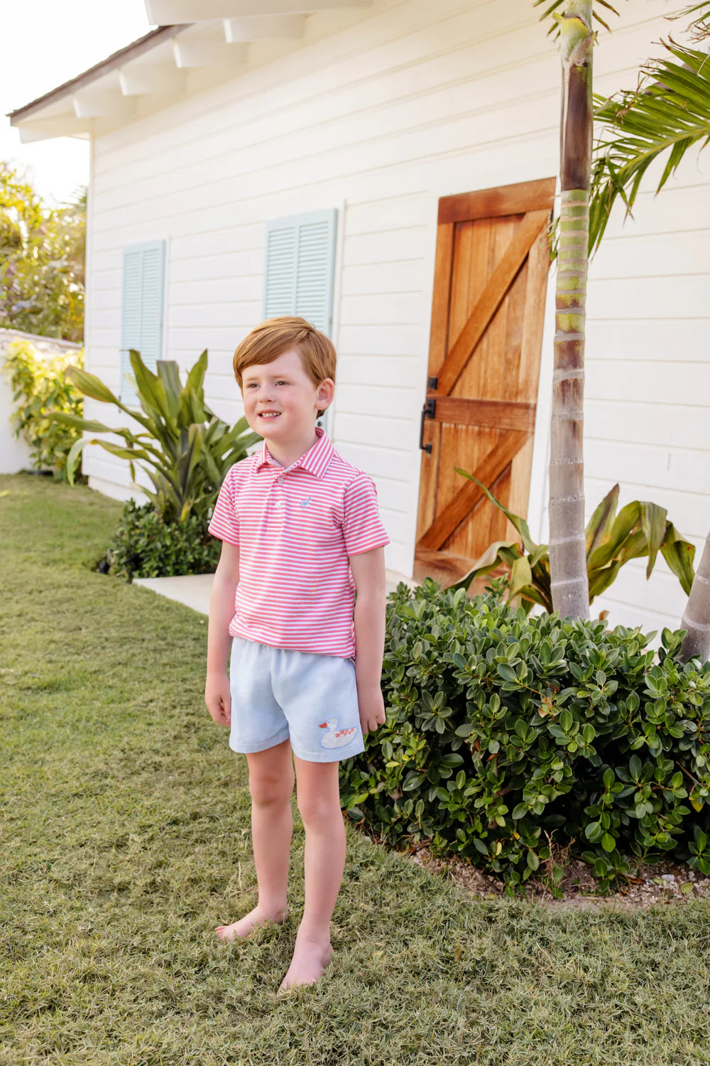 Beaufort Bonnet Company - Parrot Cay Coral Stripe & Buckhead Blue Short Sleeve Prim & Proper Polo