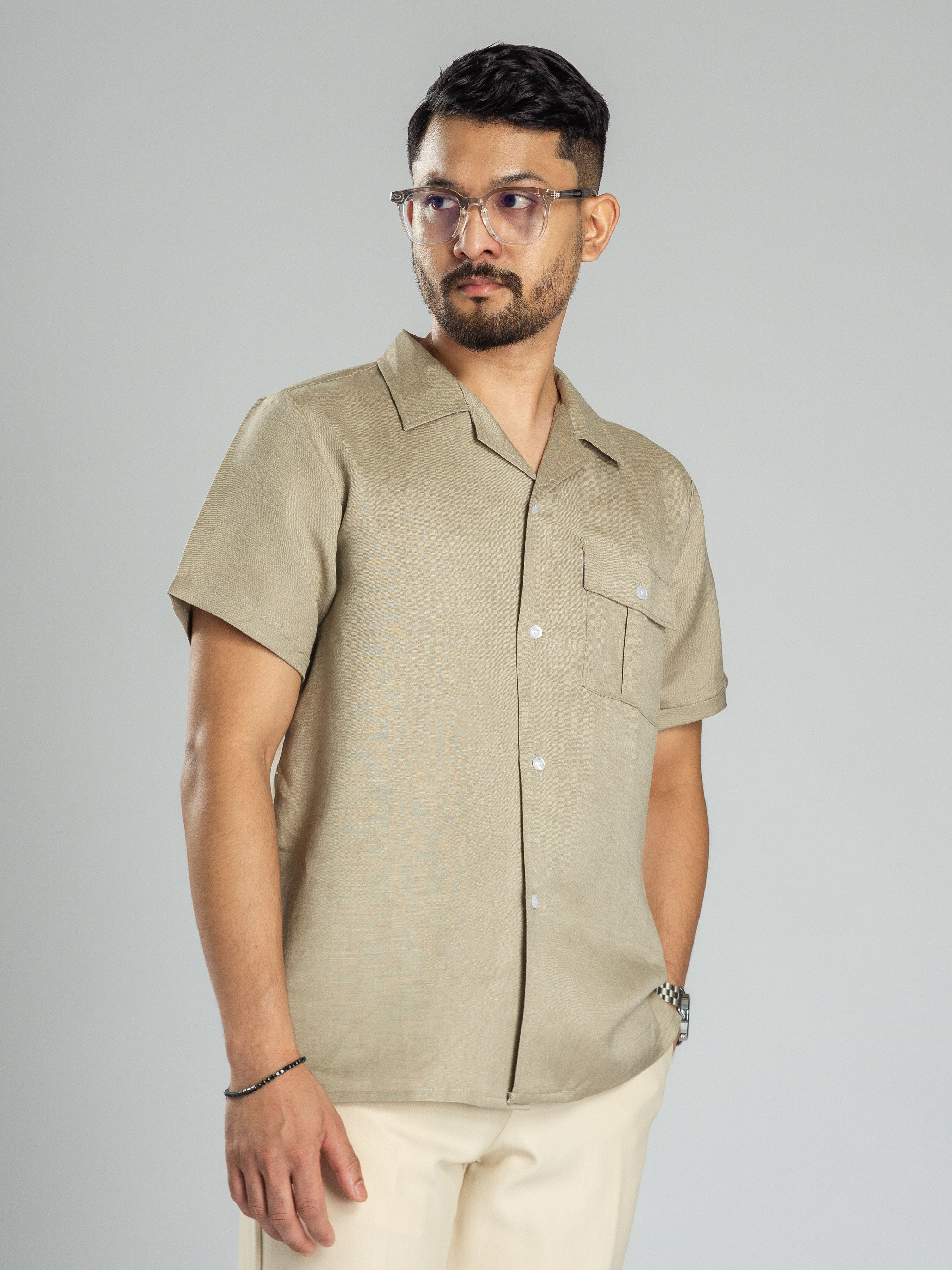 Beige Linen Cuban Collar Shirt