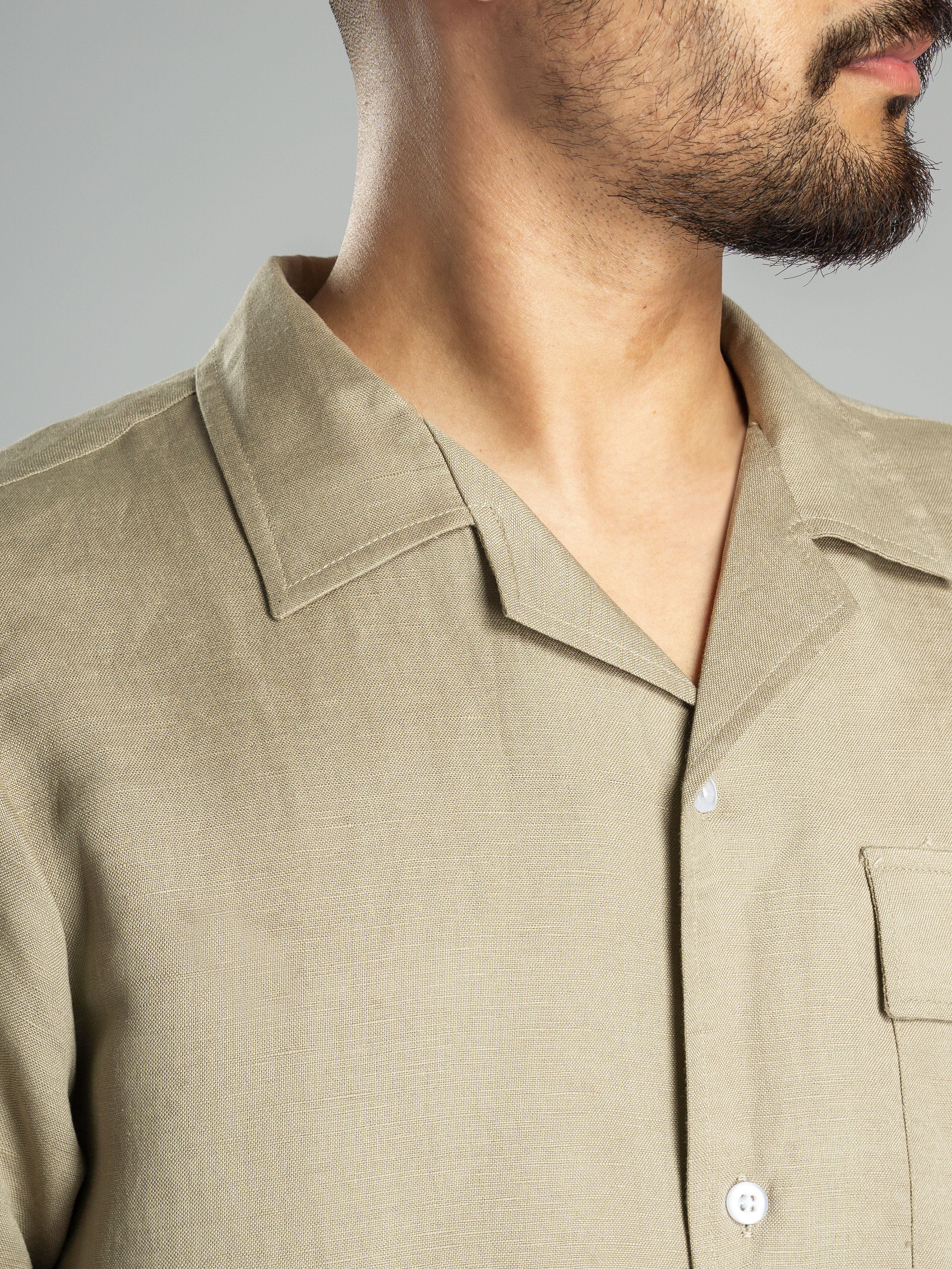 Beige Linen Cuban Collar Shirt