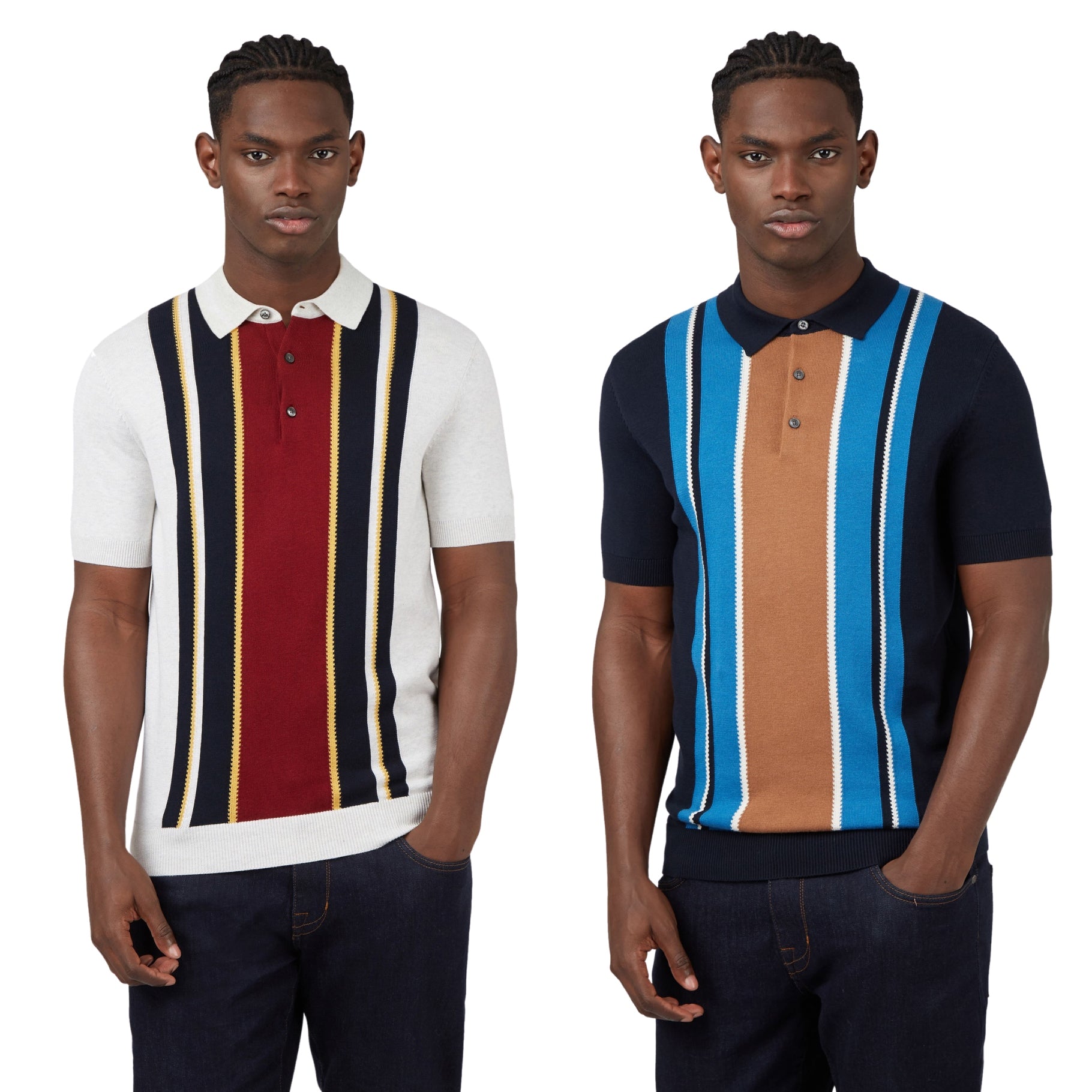 Ben Sherman Mens Knitted Striped Polo Shirt - Short Sleeve