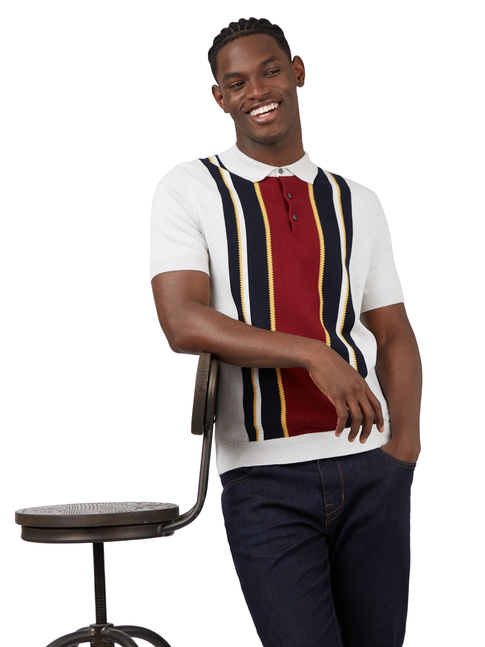 Ben Sherman Mens Knitted Striped Polo Shirt - Short Sleeve