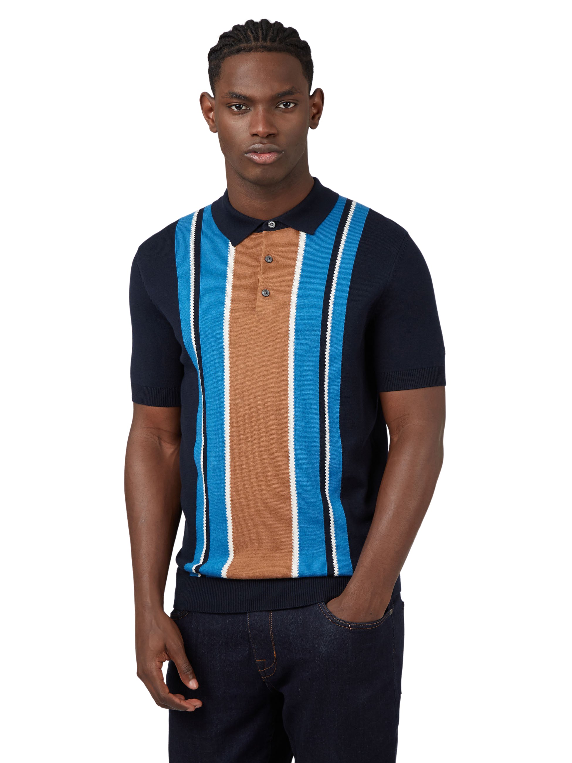 Ben Sherman Mens Knitted Striped Polo Shirt - Short Sleeve