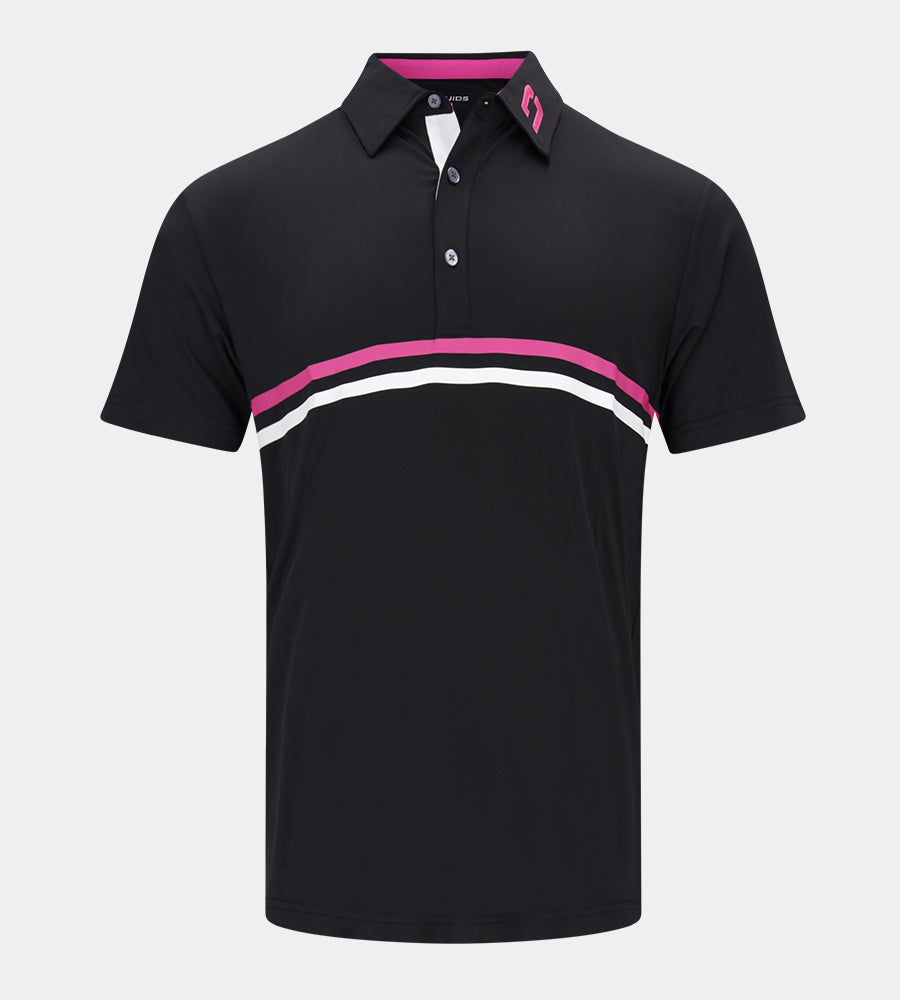 Black and pink striped performance polo.