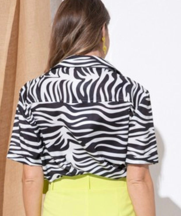 Black and white striped animal print blouse.