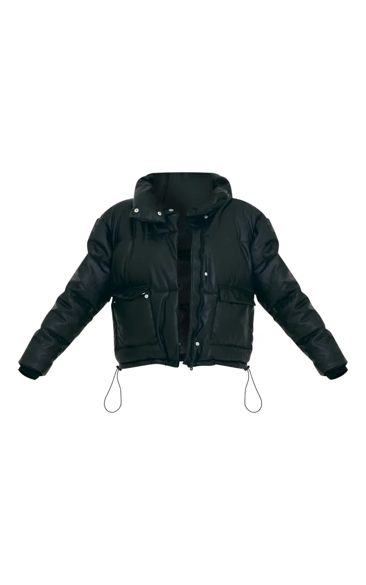 Black Faux Leather Puffer Coat with Pocket