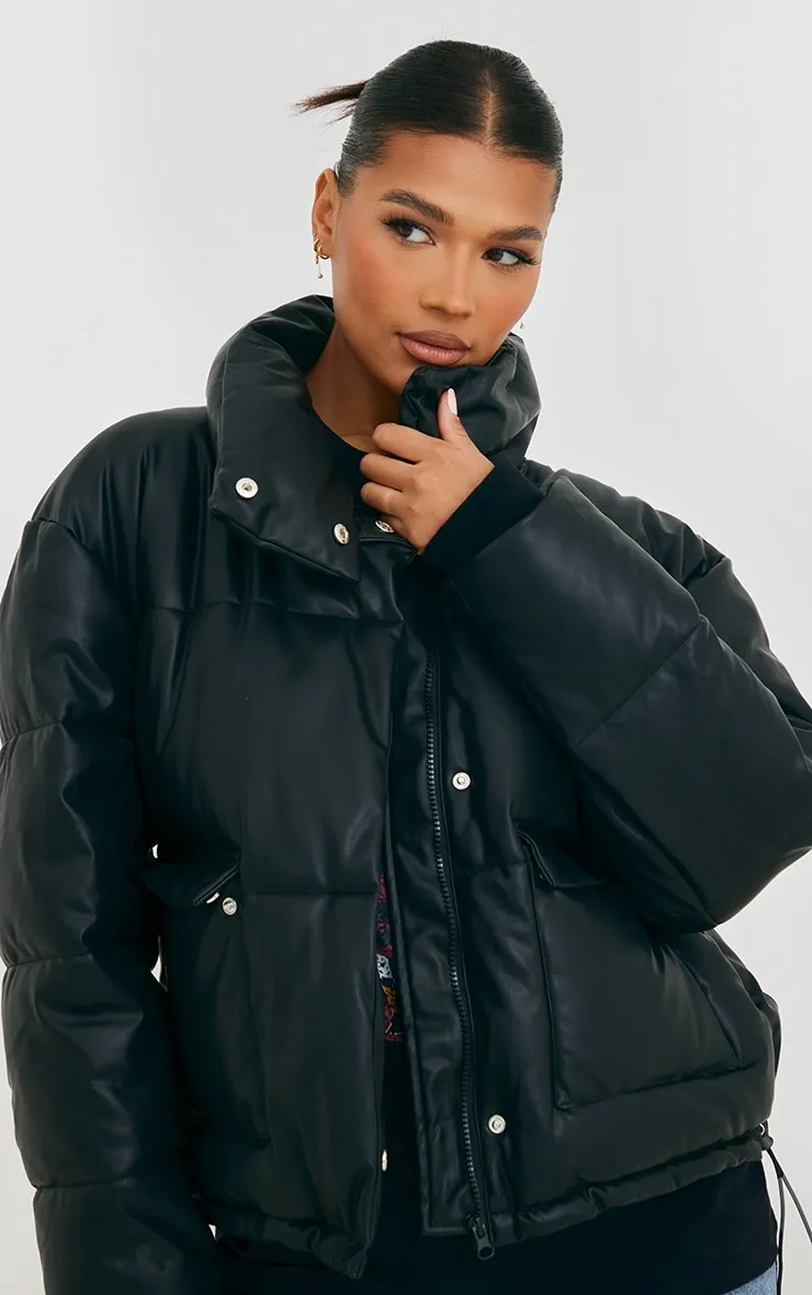 Black Faux Leather Puffer Coat with Pocket