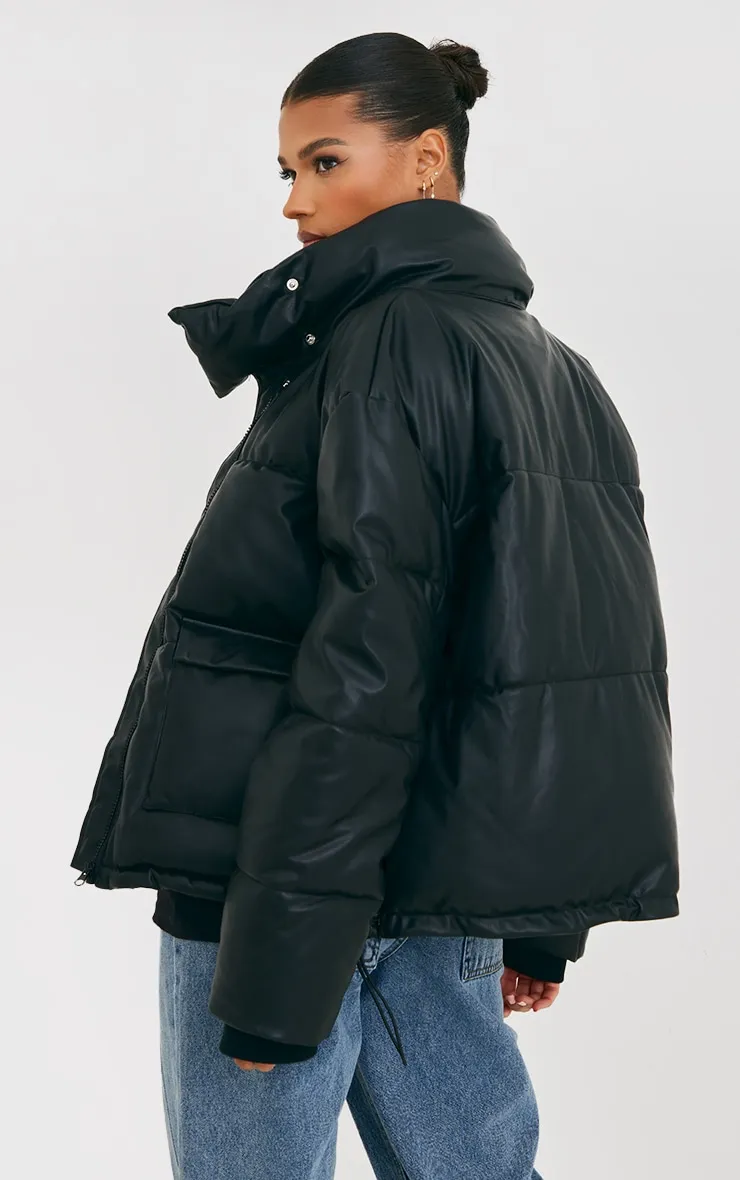 Black Faux Leather Puffer Coat with Pocket