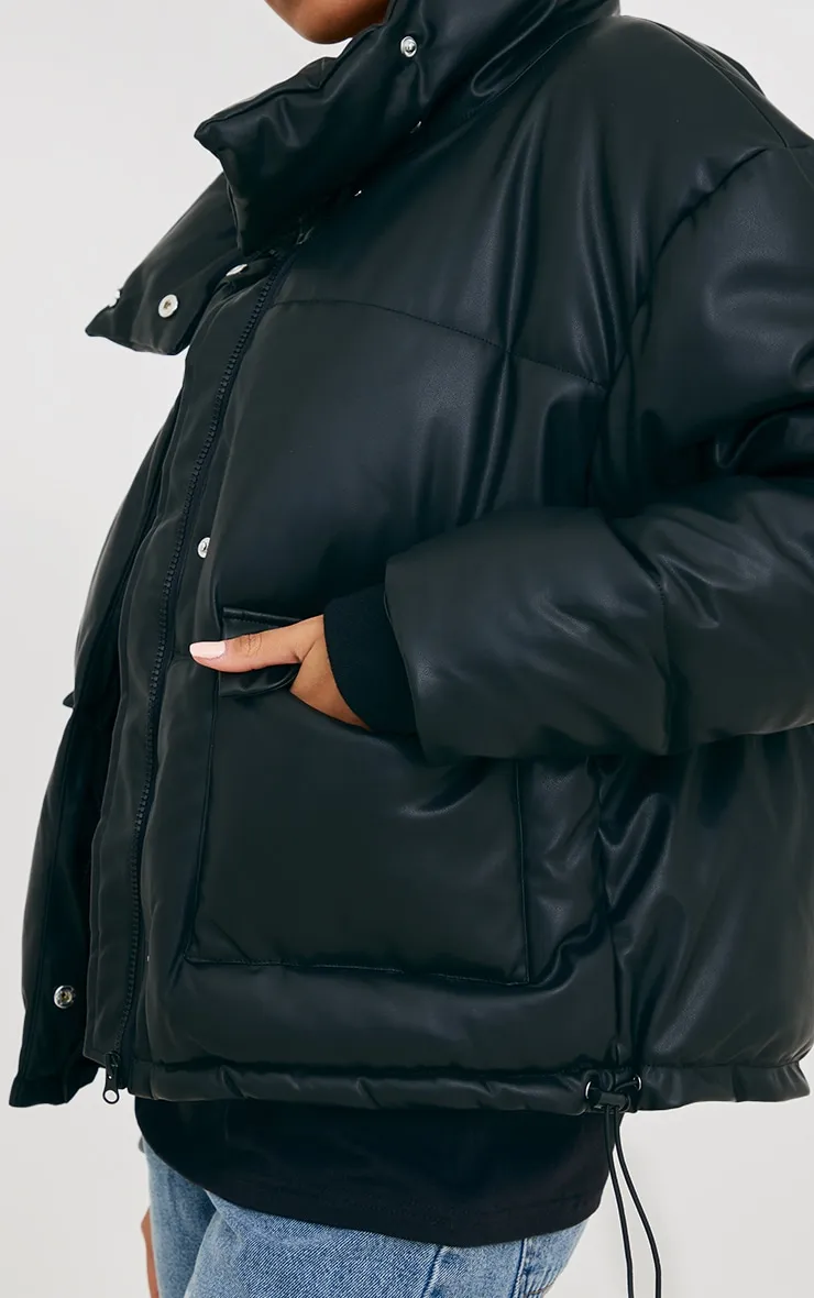 Black Faux Leather Puffer Coat with Pocket