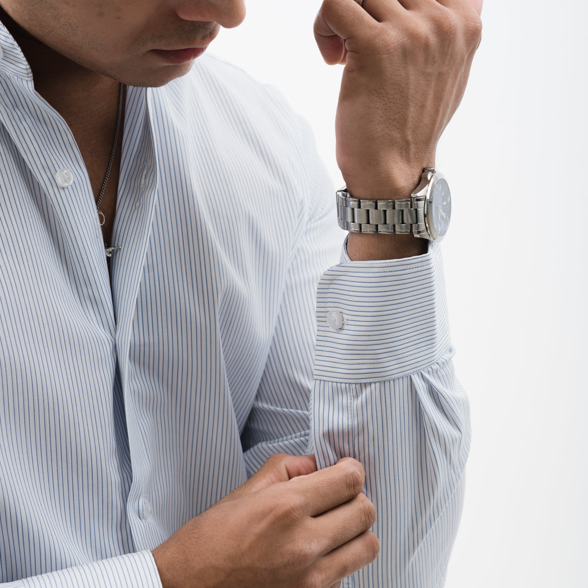 Blue and white striped formal shirt with self-textured pattern