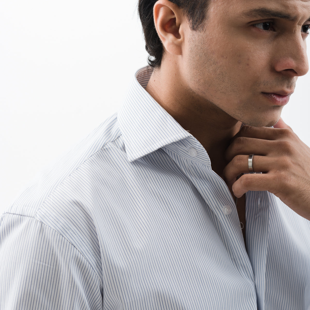 Blue and white striped formal shirt with self-textured pattern