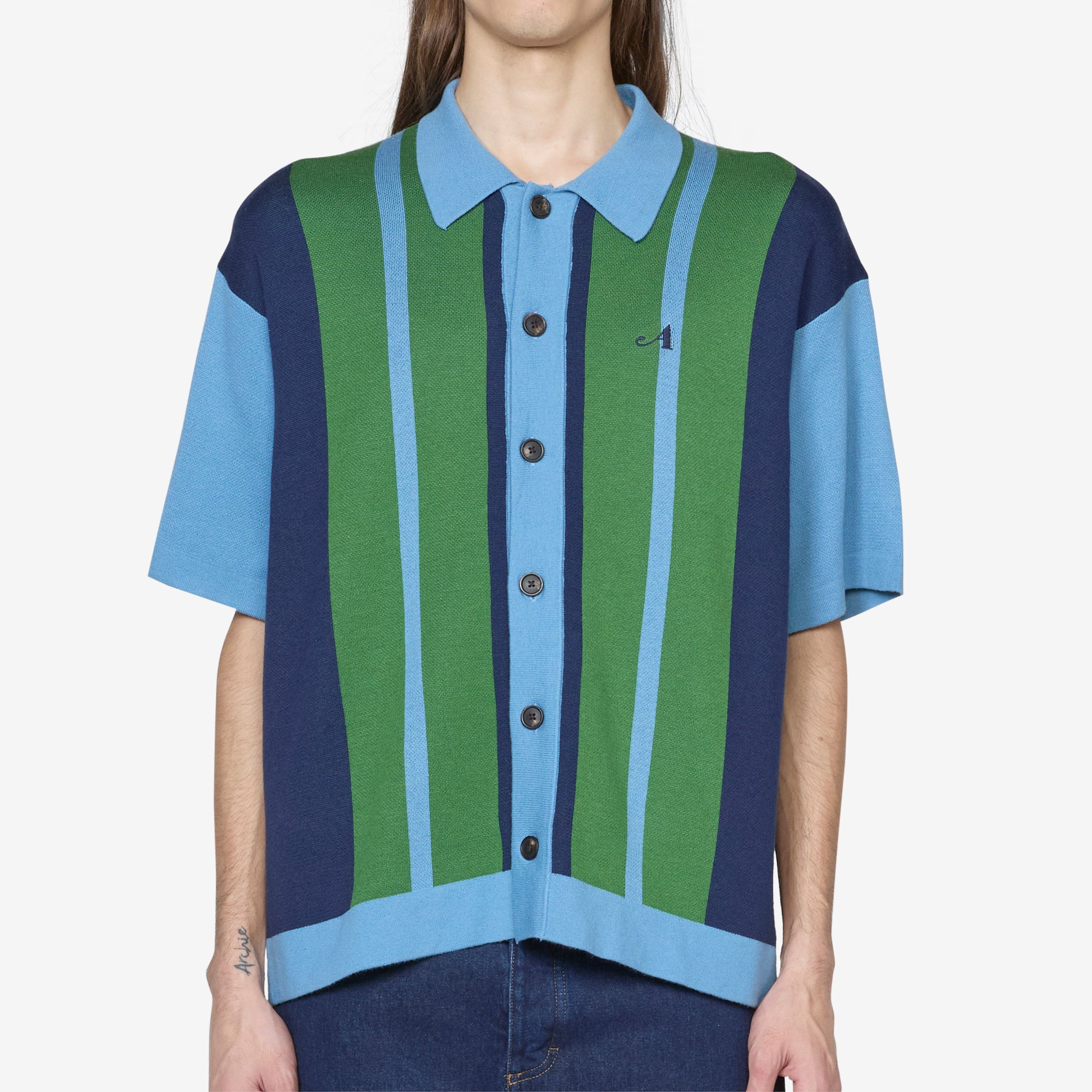 Blue Knit Camp Collar Shirt