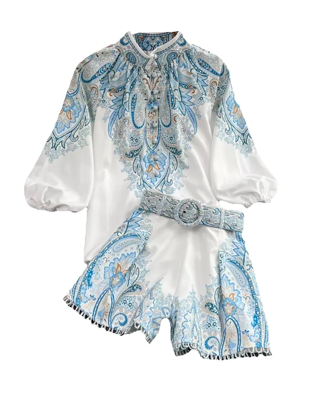 Blue Paisley Print Shirt and Shorts Set.