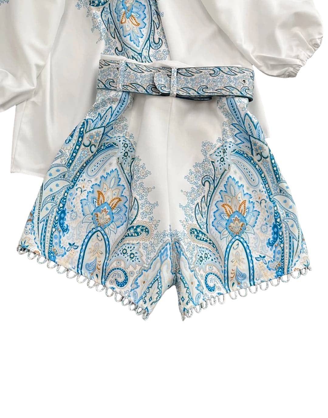 Blue Paisley Print Shirt and Shorts Set.