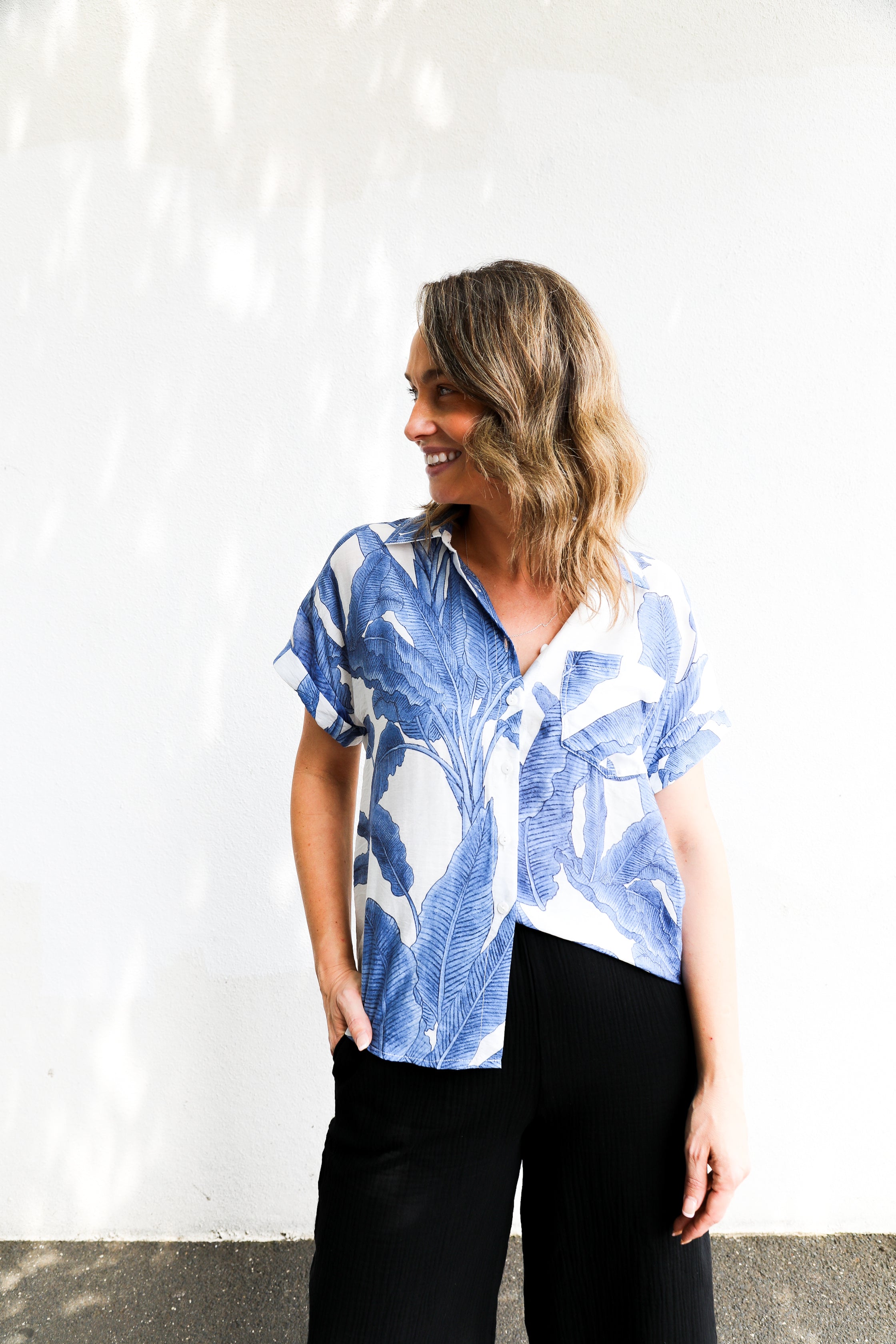 Blue Palm Print Vacation Shirt