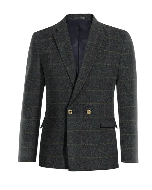 Blue tweed plaid double-breasted blazer.