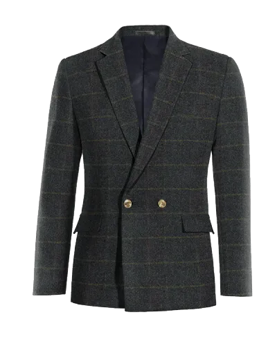 Blue tweed plaid double-breasted blazer.