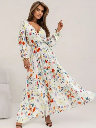 Boho Chiffon Dress - Plunging Neck - Long Sleeve - Floral Print Maxi Dress for Women - Perfect for Holidays & Travel