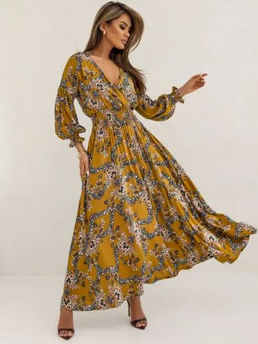 Boho Chiffon Dress - Plunging Neck - Long Sleeve - Floral Print Maxi Dress for Women - Perfect for Holidays & Travel