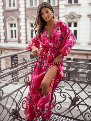 Boho Chiffon Dress - Plunging Neck - Long Sleeve - Floral Print Maxi Dress for Women - Perfect for Holidays & Travel