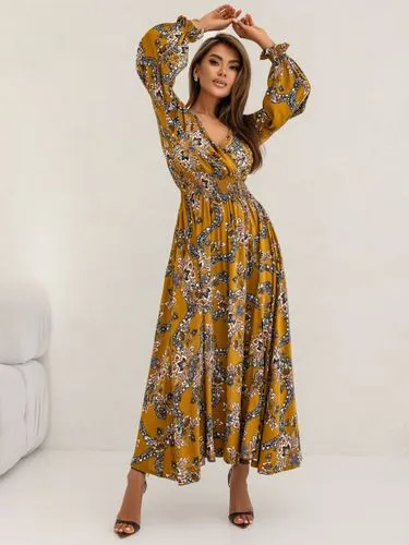 Boho Chiffon Dress - Plunging Neck - Long Sleeve - Floral Print Maxi Dress for Women - Perfect for Holidays & Travel