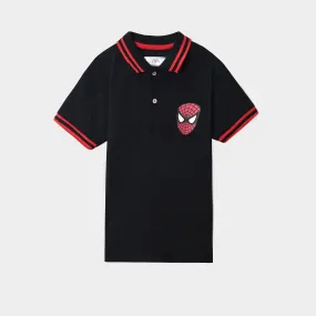 Boys' Black Cotton Polo with Animated Print