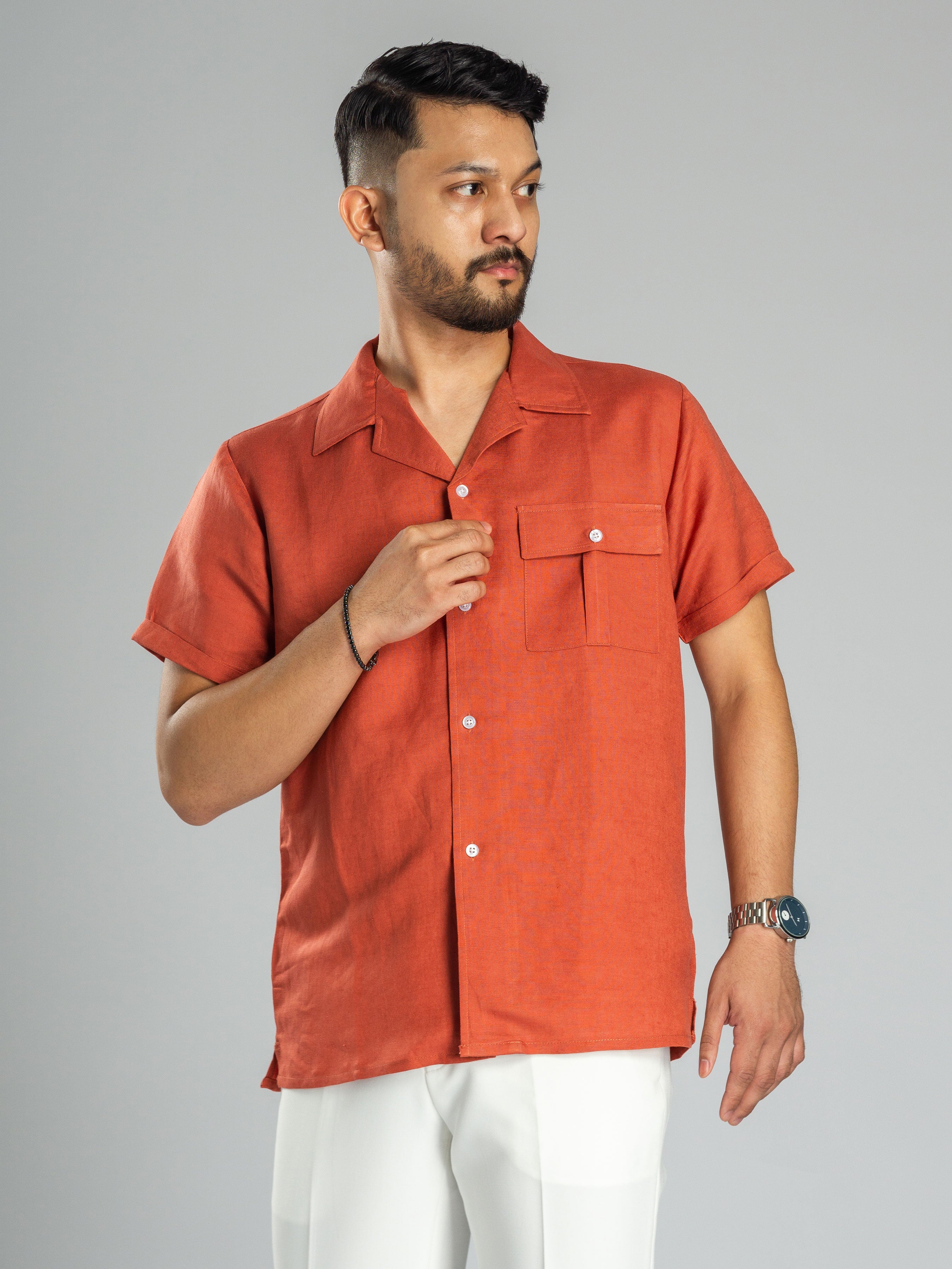 Brick Red Linen Cuban Collar Shirt